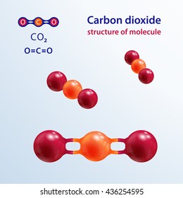 Structure of molecules. 3 D carbon dioxide molecule. Icon and chemical formula, CO2, 2d & 3d. Vector illustration.