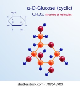 Structure Of Molecules. 3 D Glucose Molecule. Icon And Chemical Formula, C6H12O6, 2d & 3d. Vector Illustration.