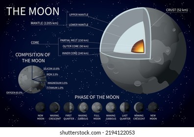 Estructura de la Luna. Ilustración vectorial coloreada.