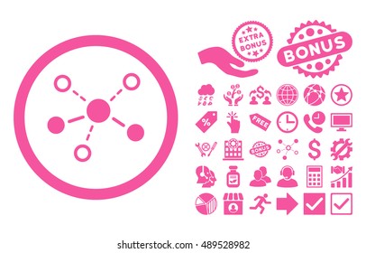 Structure pictograph with bonus images. Vector illustration style is flat iconic symbols, pink color, white background.
