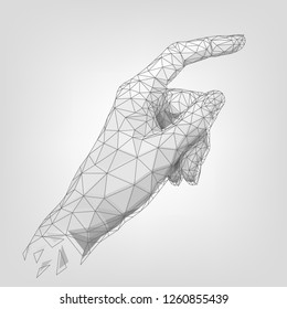 Structure polygonal human hand, index finger, wireframe robot palm