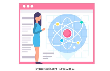The structure of the smallest particle. The image of the graphic model of the atom. Physics lesson. The girl studies the information on the billboard. Protons, electrons and neutrons on the poster