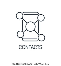 Aufbau eines sozialen Mobilfunknetzes in Smartphone. Kontakte. Lineare Vektorgrafik, einzeln auf weißem Hintergrund.