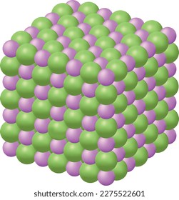 Structure of sodium chloride (NaCl) molecule in 3d. Ionic bond between molecule in cubic shape.