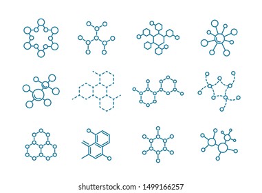 The structure of the substance. Molecule of the formula. Set of scientific icons. Outline contour line flat vector illustration clipart.