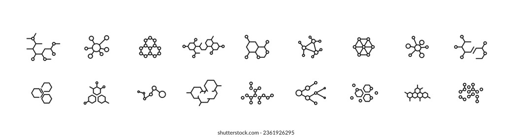 Die Struktur des Stoffes. Symbole für Moleküle werden gesetzt. Satz von wissenschaftlichen Molekülsymbolen. Bearbeitbarer Hub