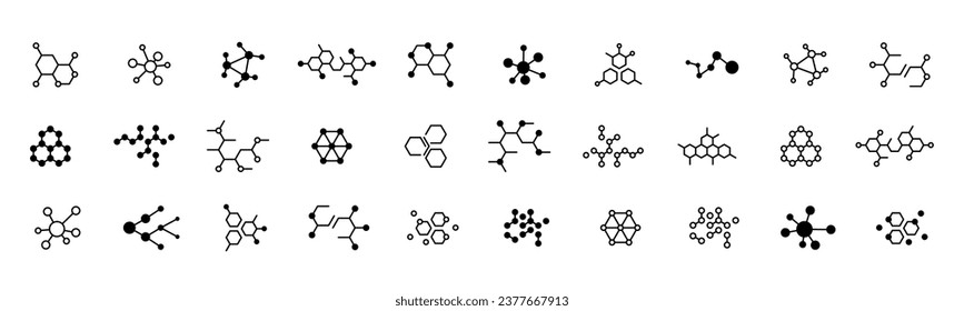 The structure of the substance. Molecule icons set. Set of scientific molecular icons. Editable stroke