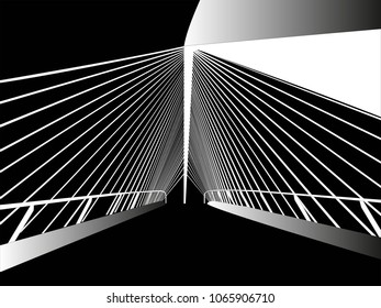 Structure of a suspension bridge against a dark background. Monochromatic perspective of suspended bridges from Santiago Calatrava Valls, a Spanish/Swiss architect. Murcia, Spain, 2019. 