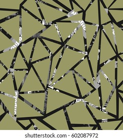 Structure of triangles with a collage of inscriptions font in  beige, gray and white a seamless pattern.