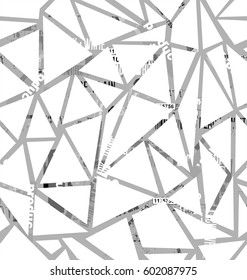 Structure of triangles with a collage of inscriptions font in light gray and white a seamless pattern.