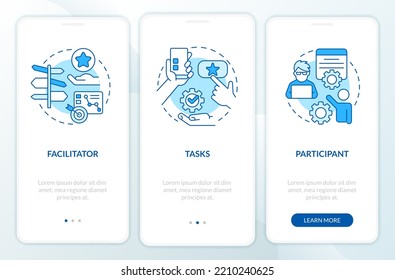 Structure of usability test session blue onboarding mobile app screen. Walkthrough 3 steps editable graphic instructions with linear concepts. UI, UX, GUI template. Myriad Pro-Bold, Regular fonts used