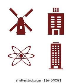 structure vector icons set. with atom, office building, hotel building and windmill in set