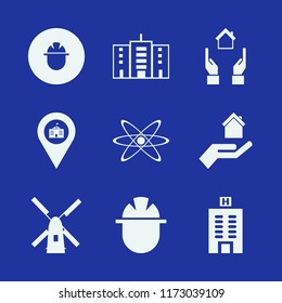 structure vector icons set. with atom, hand house, hotel building and office building in set