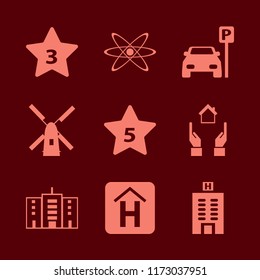 structure vector icons set. with hotel sign, hotel building, hands house and parked car in set