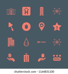 structure vector icons set. with office building, hand house, hotel three stars and hotel building in set
