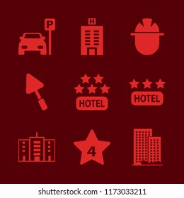 structure vector icons set. with office building, trowel, parked car and hotel three stars in set