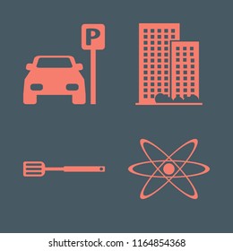 structure vector icons set. with spatula, parked car, office building and atom in set