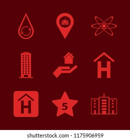 structure vector icons set. with university location, office building, hand house and hydraulic energy in set