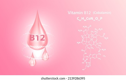 Structure vitamin B12 drop water collagen pink. 3D Realistic Vector. Medical and scientific concepts. Beauty treatment nutrition skin care design. Vitamin solution complex with Chemical formula nature