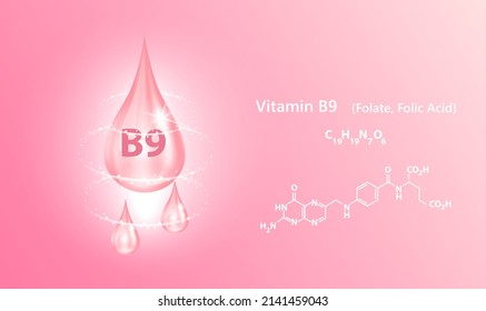 Structure vitamin B9 drop water collagen pink. 3D Realistic Vector. Medical and scientific concepts. Beauty treatment nutrition skin care design. Vitamin solution complex with Chemical formula nature.