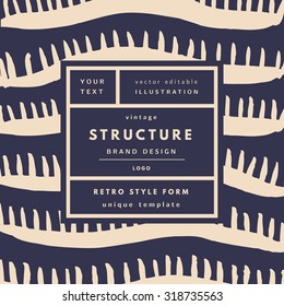 Structure Wavy blue Vintage modern logo in frame on hand drawn background. Retro label package template