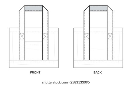 Structured Bottom Tote Bag Technical Fashion Illustration. Durable Shopper Bag Vector Template. Front and Back View. Reinforced Base. Wide Shoulder Straps. Functional Carryall. CAD Mockup.