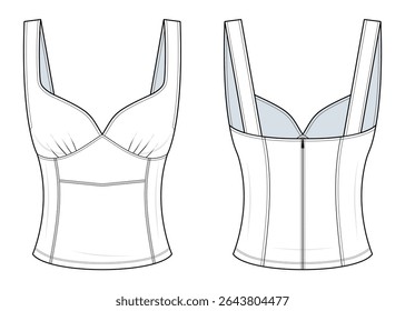 Structured Corset-Style Camisole Technical Fashion Illustration. Fitted Top with Bust Seams and Panel Lines Vector Template. Front and Back View. Women’s Wear. CAD Mockup set. 