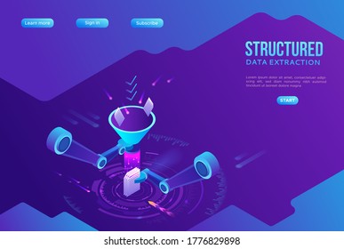 Structured data extraction, robotic arm analyze diagram, kpi analytics, digital technology in finance, funnel, artificial intelligence concept, big research isometric illustration, 3d background