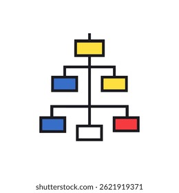 Diagrama estruturado conecta visualmente retângulos coloridos