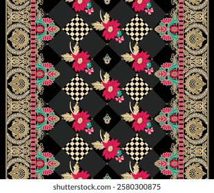 Structured geometric Border honeycomb designs softened with cascading floral patterns for balanced wallpapers, modern gift wraps, and sophisticated textiles.