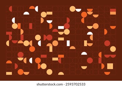 A structured geometric design featuring circles and semicircles in warm orange, beige, and brown tones. The symmetrical grid layout creates a sense of order, contrast, and modern elegance.