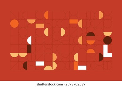 A structured geometric design featuring circles and semicircles in warm orange, beige, and brown tones. The symmetrical grid layout creates a sense of order, contrast, and modern elegance.