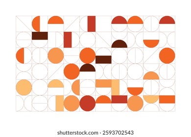 A structured geometric design featuring circles and semicircles in warm orange, beige, and brown tones. The symmetrical grid layout creates a sense of order, contrast, and modern elegance.
