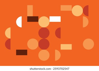 A structured geometric design featuring circles and semicircles in warm orange, beige, and brown tones. The symmetrical grid layout creates a sense of order, contrast, and modern elegance.