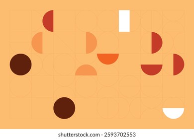 A structured geometric design featuring circles and semicircles in warm orange, beige, and brown tones. The symmetrical grid layout creates a sense of order, contrast, and modern elegance.