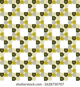 Gestructureerd geometrisch patroon in aards groen en geel met zich herhalende halve cirkels en bogen die een rasterachtige lay-out vormen.