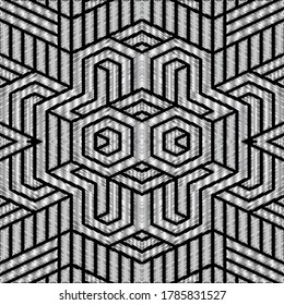 Structured grunge black and white seamless pattern. Vector geometric textured background. Embroidery repeat geometrical backdrop. Tapestry rough structures ornament Abstract shapes, stripes, lines.