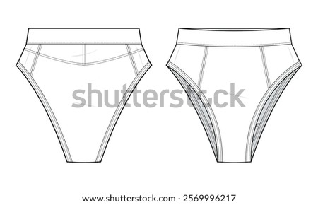 Structured High-Waist Brief Technical Fashion Illustration. Brief Panty Vector Template. Front, Back View. Modern Fit. High-Rise Silhouette. Wide Waistband. White Color. Ladies underwear. CAD Mockup.