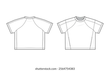 Structured Panel Raglan Tee technical fashion illustration. Raglan Tee with Side Seam Pocket template illustration. Front and back view. Oversized. Drop shoulder. Unisex. White color. CAD mockup.
