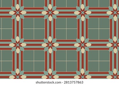 A structured pattern of rust-red stripes framing a soft sage pinwheel flower, ideal for upholstery, drapery, and statement branding.