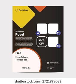 Diseño de volante promocional estructurado con estética limpia. Un diseño de volante promocional estructurado con una estética limpia y equilibrada. Las Asistencias de diseño organizaron la ubicación del contenido y la consistencia visual. Adecuado para mensajes de campaña, Autorizaciones informativas y materiales publicitarios. Diseñado para una fácil personalización y uso multiplataforma.

Folleto de la oferta especial de comida del pueblo de la comida con la información del descuento y de la entrega a domicilio y los detalles de contacto