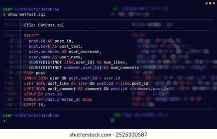 Structured Query Language (SQL) Query Select Posts from Database. Relational Database SQL Code. Example of Code to Query Data from a Server. Vector Background.