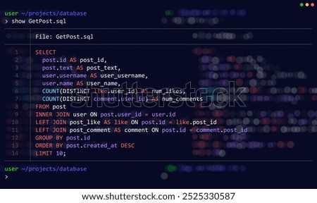 Structured Query Language (SQL) Query Select Posts from Database. Relational Database SQL Code. Example of Code to Query Data from a Server. Vector Background.