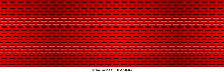Structured red perforated metal texture header. Aluminium grating banner. Abstract metallic background. Vector illustration