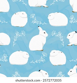 Structured seamless pattern with arctic hares and botanical elements. Wild animal of the Arctic tundra. Realistic vector rabbits