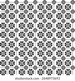 Um padrão contínuo estruturado composto de formas geométricas repetidas, como círculos, triângulos e hexágonos. Perfeito para produtos técnicos e design editorial.
