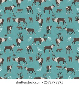 Structured seamless pattern with Reindeer and botanical elements. Wild animals of the tundra and taiga. Realistic vector