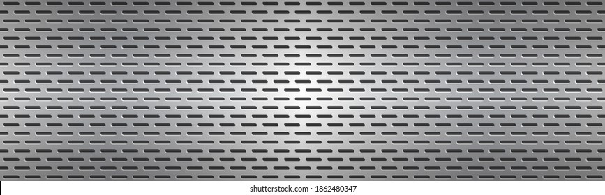 Structured silver perforated metal texture header. Aluminium grating. Abstract metallic banner. Vector illustration