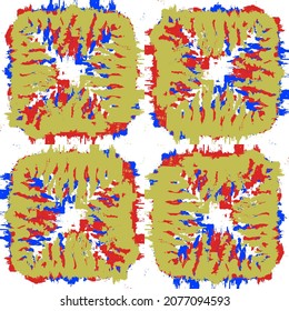 Structured squares in shibori effect. Colorful unique design in green, white, blue and red. Repeatable vector pattern.