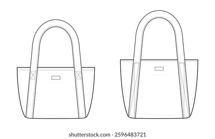 Structured Tall Tote Bag Technical Fashion Illustration. Modern Handbag Vector Template. Front and Back View. Long Handles. Spacious and Stylish. Women’s Accessories. CAD Mockup set.